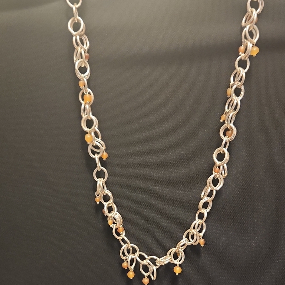 Monet Silvertone Chunky Chain Link Necklace With Dangling Beads